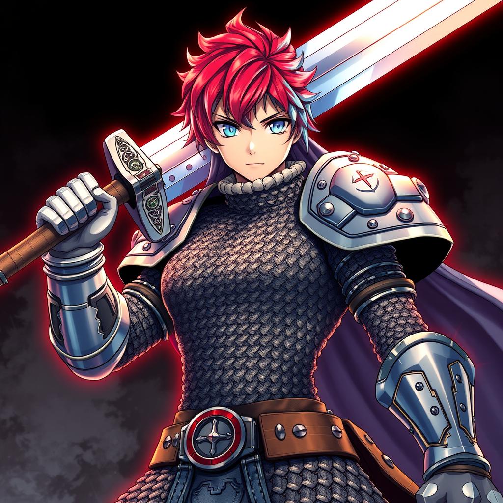 A human fighter dramatically wielding a huge buster sword, raised confidently in a powerful stance