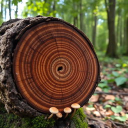 A beautifully detailed close-up of a cross-section of a tree log, showcasing the intricate patterns of its rings, with a natural rustic background of forest leaves and soft sunlight filtering through the trees