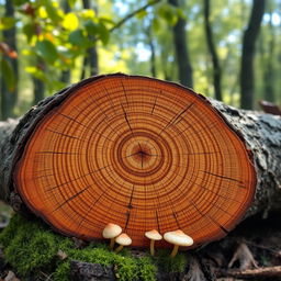 A beautifully detailed close-up of a cross-section of a tree log, showcasing the intricate patterns of its rings, with a natural rustic background of forest leaves and soft sunlight filtering through the trees