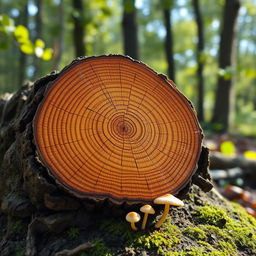 A beautifully detailed close-up of a cross-section of a tree log, showcasing the intricate patterns of its rings, with a natural rustic background of forest leaves and soft sunlight filtering through the trees