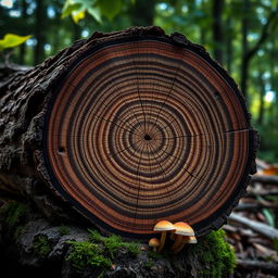 A beautifully detailed close-up of a cross-section of a tree log, showcasing the intricate patterns of its rings, with a natural rustic background of forest leaves and soft sunlight filtering through the trees