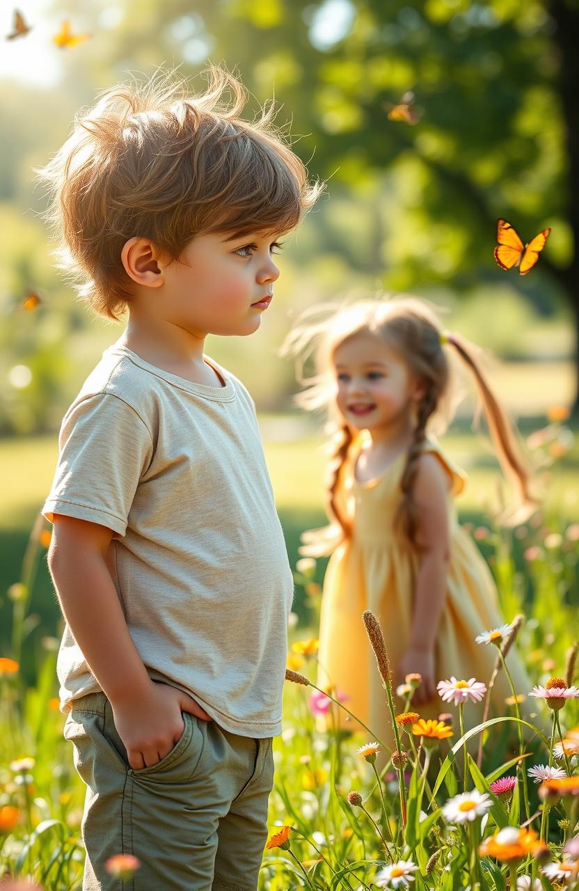 A young boy standing in a sunlit park, his eyes filled with longing as he gazes at a girl playing nearby