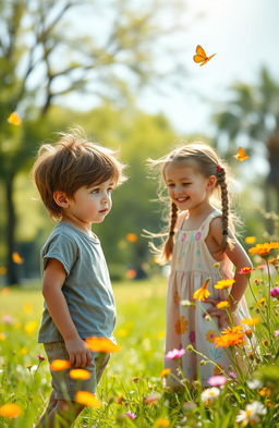 A young boy standing in a sunlit park, his eyes filled with longing as he gazes at a girl playing nearby