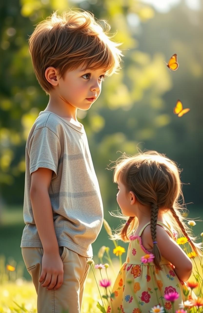 A young boy standing in a sunlit park, his eyes filled with longing as he gazes at a girl playing nearby