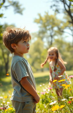 A young boy standing in a sunlit park, his eyes filled with longing as he gazes at a girl playing nearby