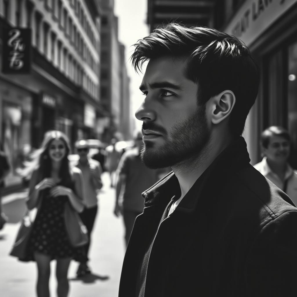 A pensive man standing on a bustling city street, depicted in black and white