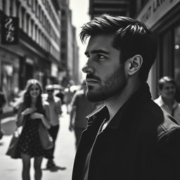 A pensive man standing on a bustling city street, depicted in black and white