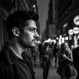 A pensive man standing on a bustling city street, depicted in black and white