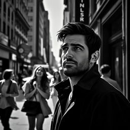 A pensive man standing on a bustling city street, depicted in black and white