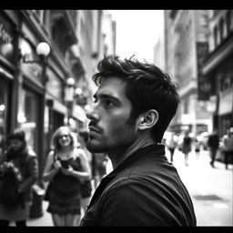 A pensive man standing on a bustling city street, depicted in black and white