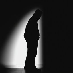 A silhouette of a man standing in a dimly lit room, depicted in black and white