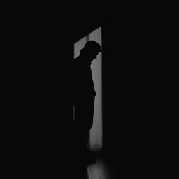 A silhouette of a man standing in a dimly lit room, depicted in black and white