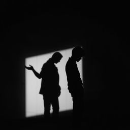 A silhouette of a man standing in a dimly lit room, depicted in black and white