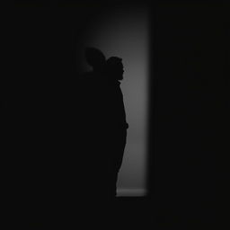 A silhouette of a man standing in a dimly lit room, depicted in black and white