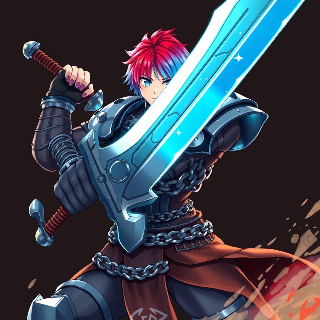 A powerful human fighter brandishing a massive buster sword, poised with the weapon raised in a striking battle stance