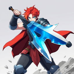 A powerful human fighter brandishing a massive buster sword, poised with the weapon raised in a striking battle stance