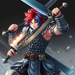 A powerful human fighter brandishing a massive buster sword, poised with the weapon raised in a striking battle stance