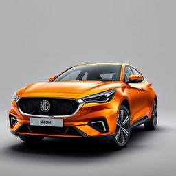 A realistic depiction of a stylish orange MG ZS car, beautifully highlighting its elegant curves and contours