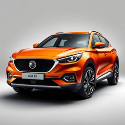 A realistic depiction of a stylish orange MG ZS car, beautifully highlighting its elegant curves and contours