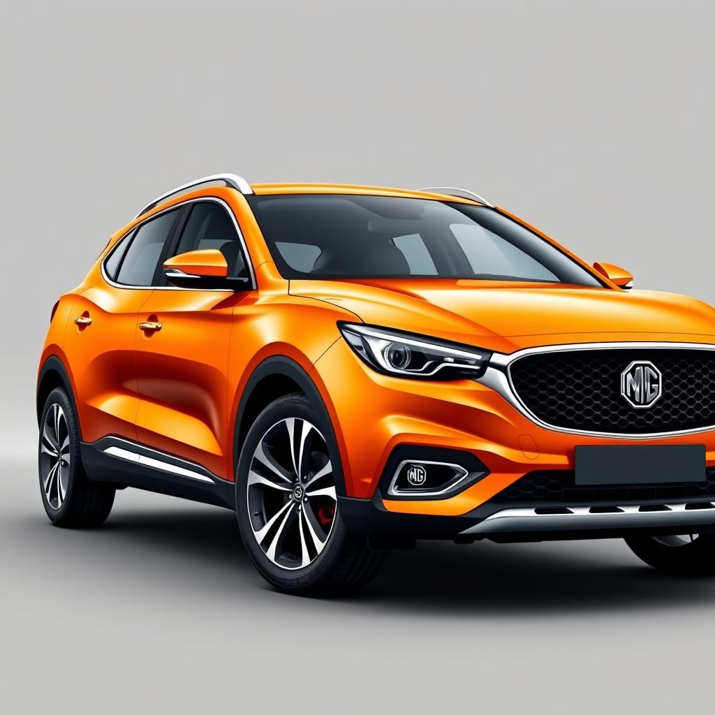 A realistic depiction of a stylish orange MG ZS car, beautifully highlighting its elegant curves and contours