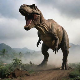 Back on the storm-struck island, with the electric fences powered down, the mighty Tyrannosaurus Rex breaks free from its enclosure, its massive form rampaging through the once secure Jurassic Park.