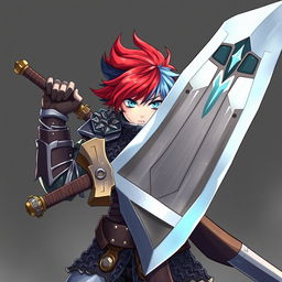 A formidable human fighter wielding an enormous buster sword, held high in a dramatic battle stance