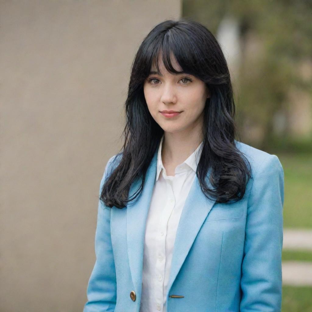 A shy and somewhat awkward young woman with long, wavy, mid-length black hair that features front bangs. She has pale skin, light brown eyes, a slender physique, and stands at an average height. Dressed in a light blue university blazer, she looks perfectly commonplace.