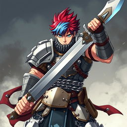 A formidable human fighter wielding a massive buster sword, held high in an aggressive battle stance