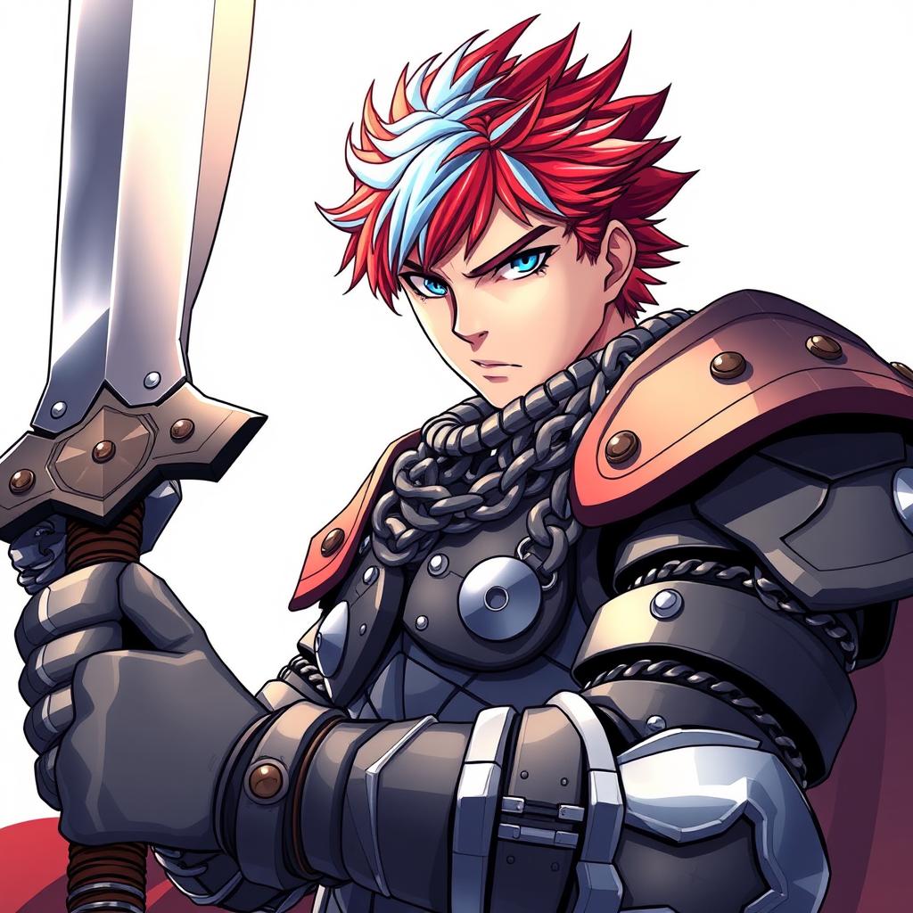 A formidable human fighter wielding a massive buster sword, held high in an aggressive battle stance