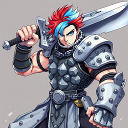 A formidable human fighter wielding a massive buster sword, held high in an aggressive battle stance