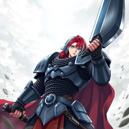 An imposing human fighter brandishing a colossal buster sword, raised high for battle