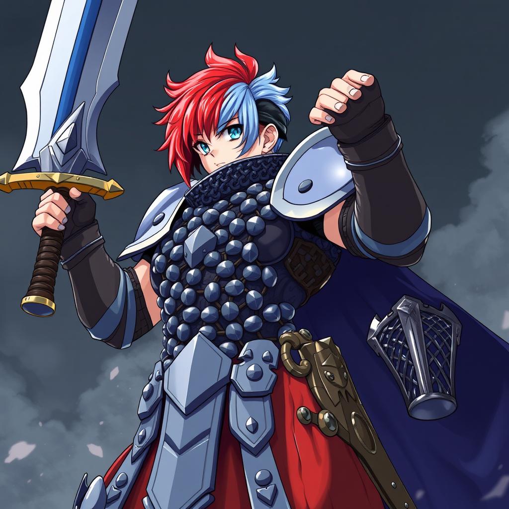 An imposing human fighter brandishing a colossal buster sword, raised high for battle