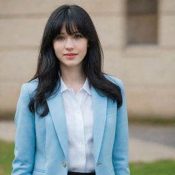 A shy and somewhat awkward young woman with long, wavy, mid-length black hair that features front bangs. She has pale skin, light brown eyes, a slender physique, and stands at an average height. Dressed in a light blue university blazer, she looks perfectly commonplace.