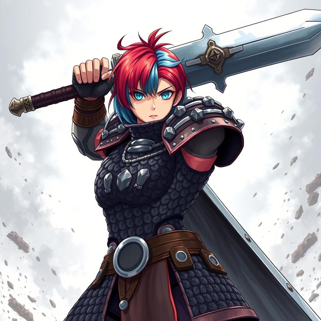 An imposing human fighter brandishing a colossal buster sword, raised high for battle