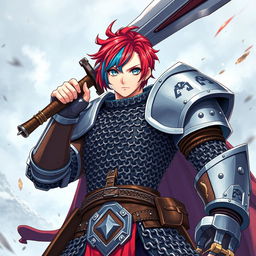 An imposing human fighter brandishing a colossal buster sword, raised high for battle