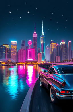 A vibrant city skyline at night, featuring towering buildings illuminated by colorful neon lights that reflect beautifully in the calm water below