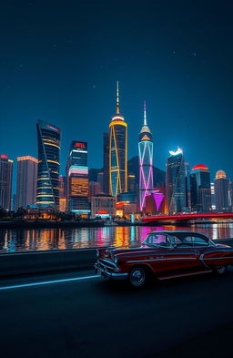 A vibrant city skyline at night, featuring towering buildings illuminated by colorful neon lights that reflect beautifully in the calm water below