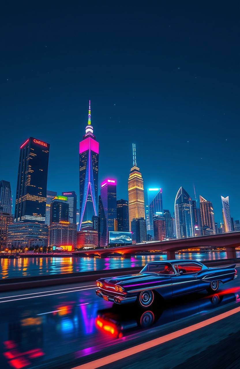 A vibrant city skyline at night, featuring towering buildings illuminated by colorful neon lights that reflect beautifully in the calm water below