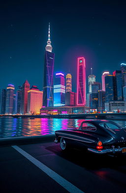 A vibrant city skyline at night, featuring towering buildings illuminated by colorful neon lights that reflect beautifully in the calm water below