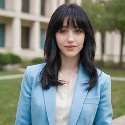 A shy and somewhat awkward young woman with long, wavy, mid-length black hair that features front bangs. She has pale skin, light brown eyes, a slender physique, and stands at an average height. Dressed in a light blue university blazer, she looks perfectly commonplace.