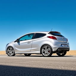 A metallic silver Opel Corsa, showcasing its sportiness and dynamic design, elegantly parked on a realistic yet clean background