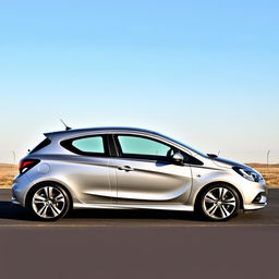 A metallic silver Opel Corsa, showcasing its sportiness and dynamic design, elegantly parked on a realistic yet clean background