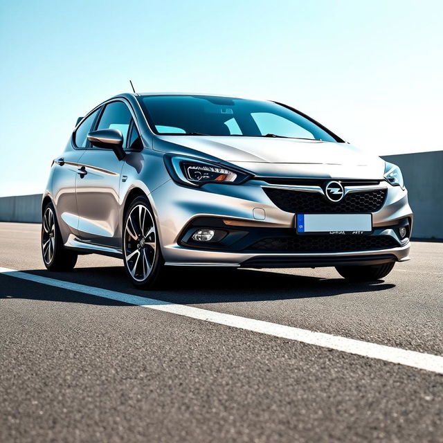 A metallic silver Opel Corsa, showcasing its sportiness and dynamic design, elegantly parked on a realistic yet clean background