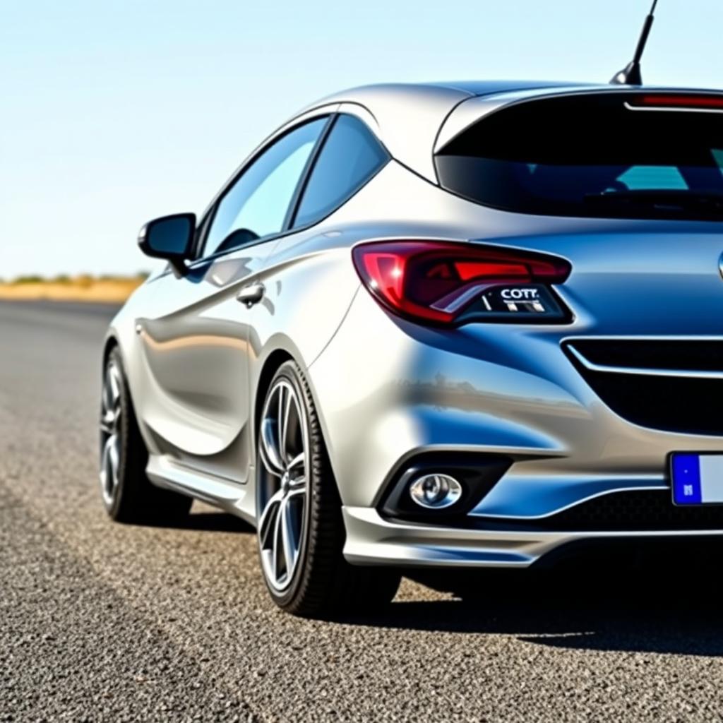 A metallic silver Opel Corsa, showcasing its sportiness and dynamic design, elegantly parked on a realistic yet clean background