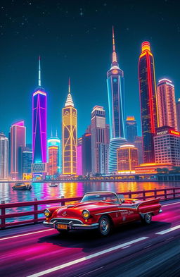 A vibrant city skyline at night, featuring tall buildings illuminated with colorful neon lights that reflect beautifully in the water below