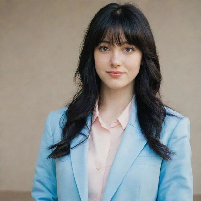 A shy and somewhat awkward young woman with long, wavy, mid-length black hair that features front bangs. She has pale skin, light brown eyes, a slender physique, and stands at an average height. Dressed in a light blue university blazer, she looks perfectly commonplace.