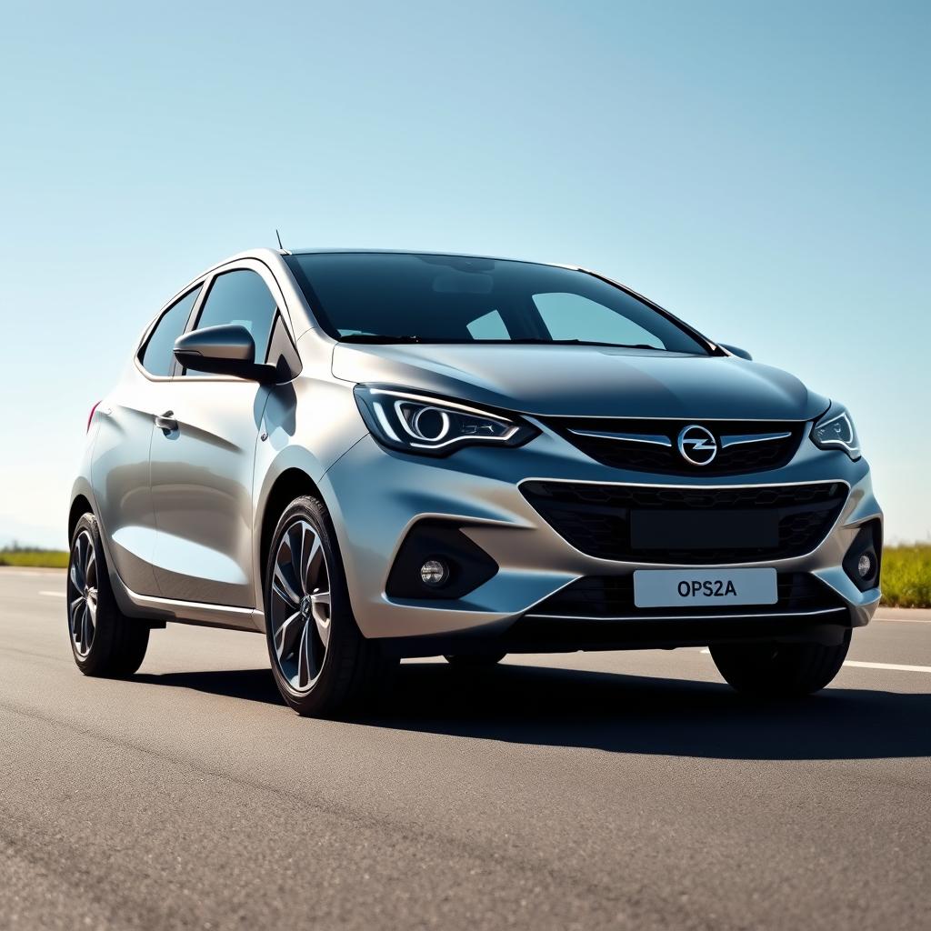 A metallic silver 2024 Opel Corsa, showcasing its modern design and sleek profile