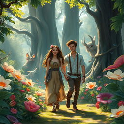 A young woman and her boyfriend strolling through a fantasy forest, surrounded by magical creatures and vibrant, oversized flowers