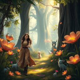 A young woman and her boyfriend strolling through a fantasy forest, surrounded by magical creatures and vibrant, oversized flowers