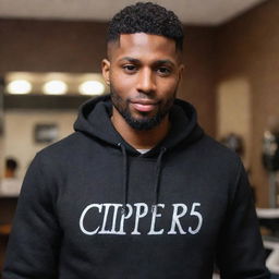 A detailed image of a brown-skinned barber wearing a stylish black hoodie that has the text 'The Clipper 45' boldly written on it.